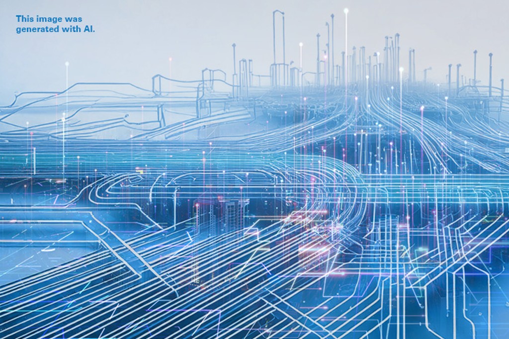 TÜV Rheinland | ISO/IEC 42001 | Abstract Data Flow reminind of data chip