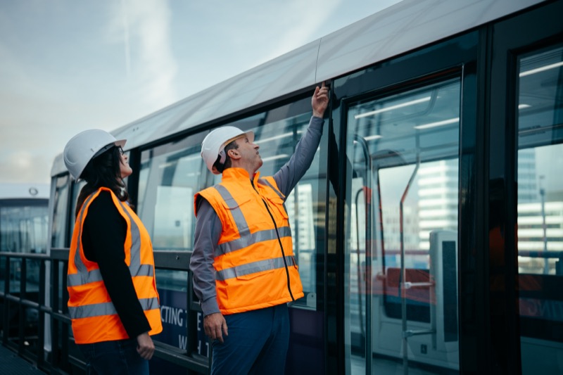 Zwei Ingenieure in Sicherheitswesten und Schutzhelmen bei der Inspektion eines Schienenfahrzeugs