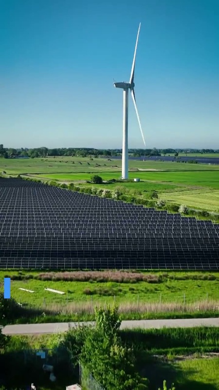 Video: Luftaufnahme von Solarmodulen und einer Windkraftanlage in grüner Landschaft