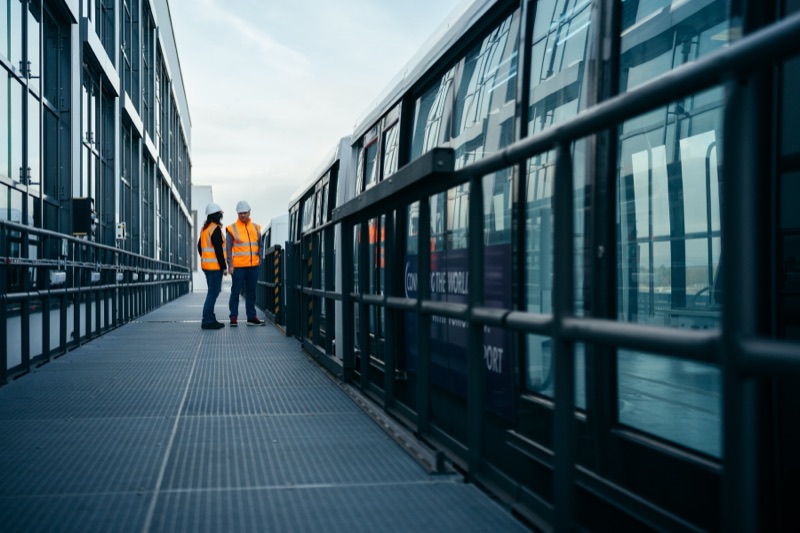 Two engineers in safety vests walking along an elevated walkway next to a rail vehicle